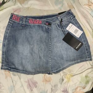 True Religion Blue Denim Mini Skirt with Pink Stitching